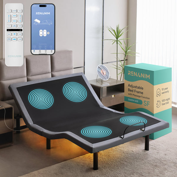 Renanim SerenityFlex Adjustable Bed Frame with Massage, USB, Underbed Light, App Control