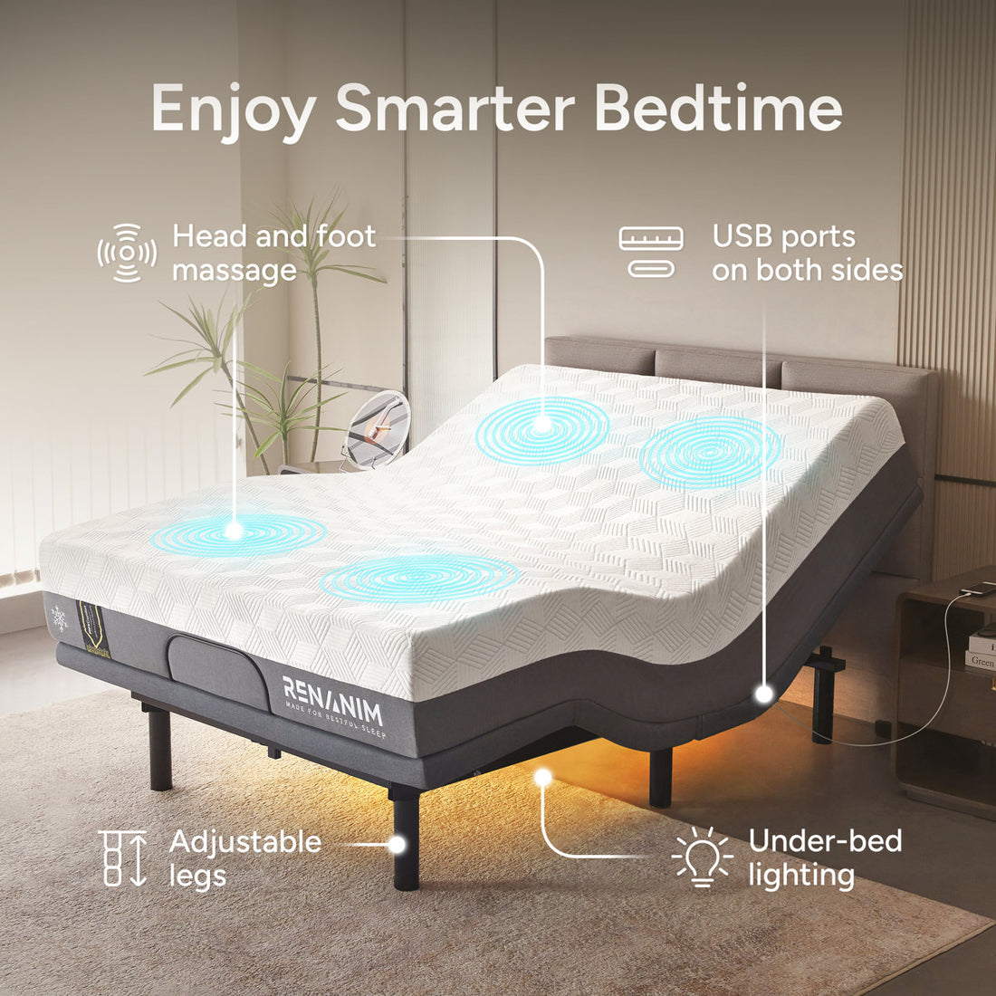 Renanim SerenityFlex Adjustable Bed with 14" Memory Foam Mattress, Massage, USB, Remote & App