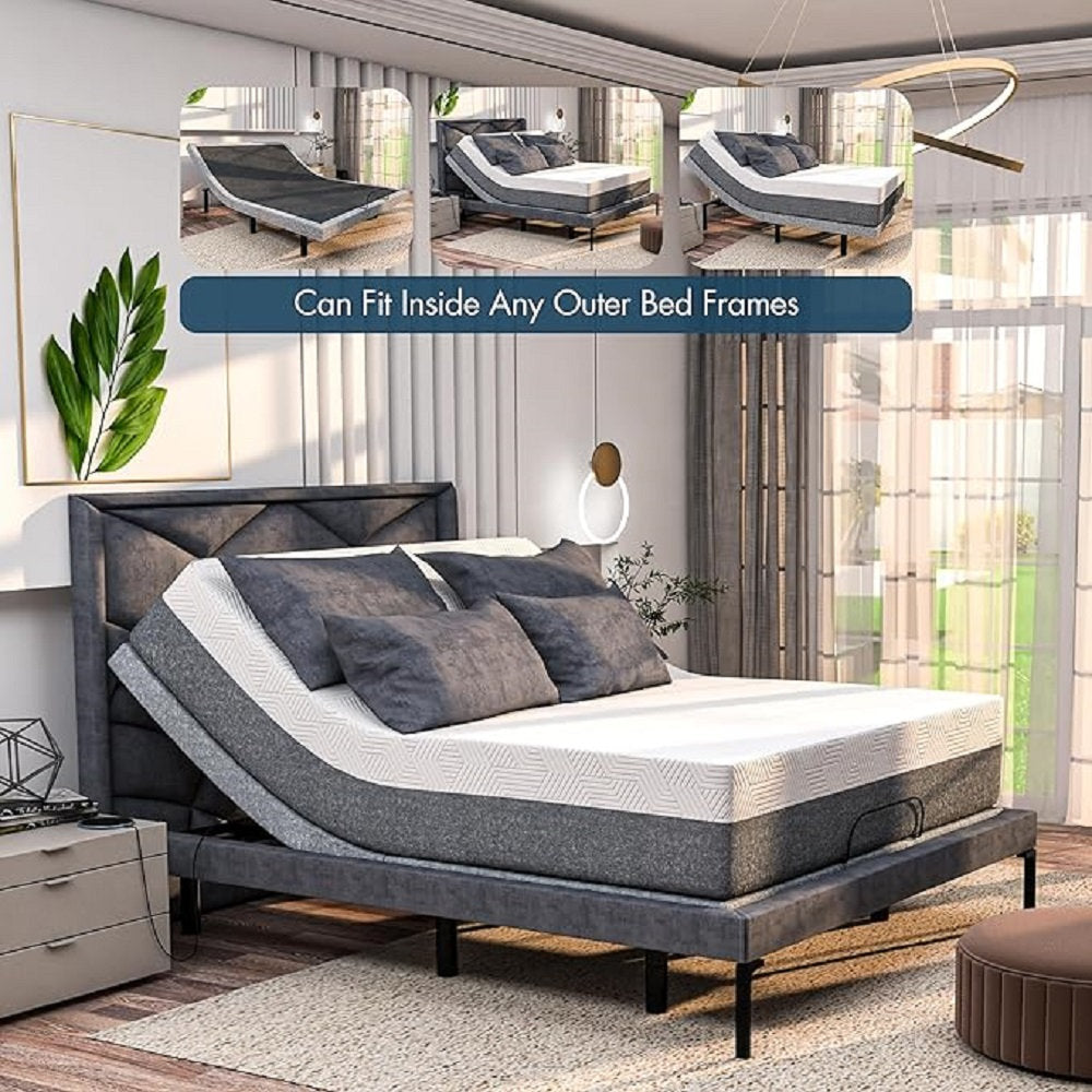 Renanim Split King Massaging Adjustable Bed with 14" Memory Mattress, USB, Underbed Light, Wireless Remote & App Control Zero Gravity Bed