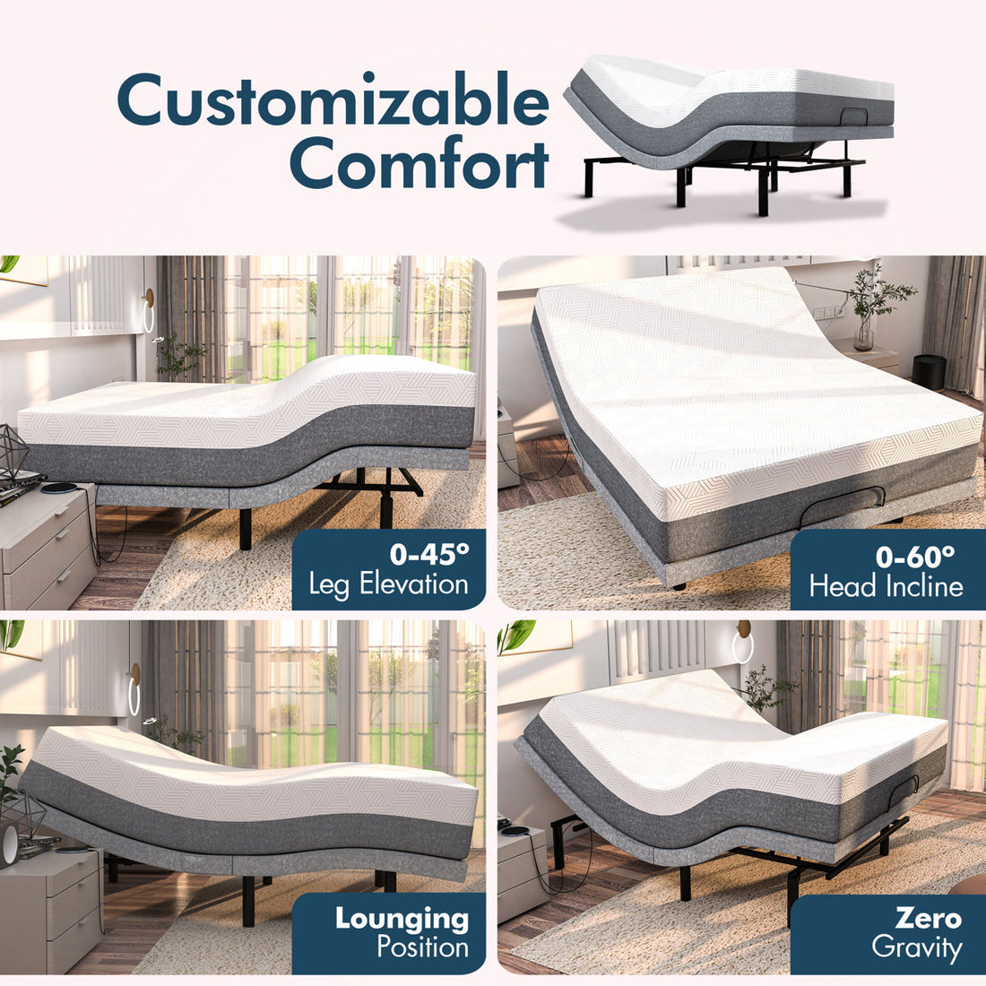 Renanim Split King Massaging Adjustable Bed with 14" Memory Mattress, USB, Underbed Light, Wireless Remote & App Control Zero Gravity Bed