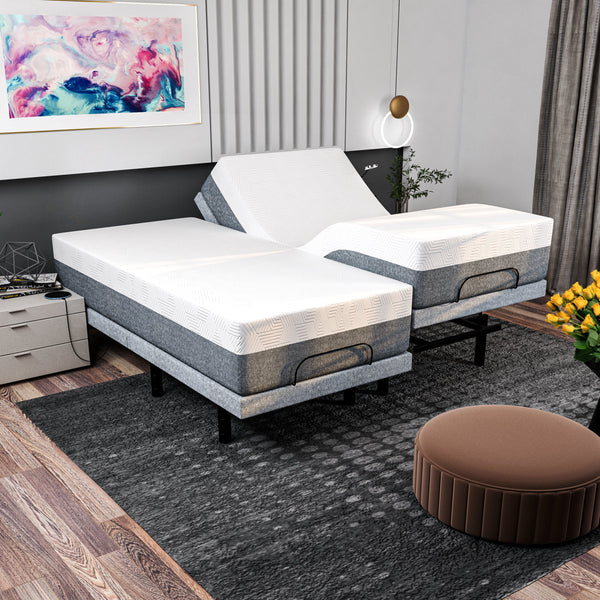 Renanim Split King Massaging Adjustable Bed with 14" Memory Mattress, USB, Underbed Light, Wireless Remote & App Control Zero Gravity Bed