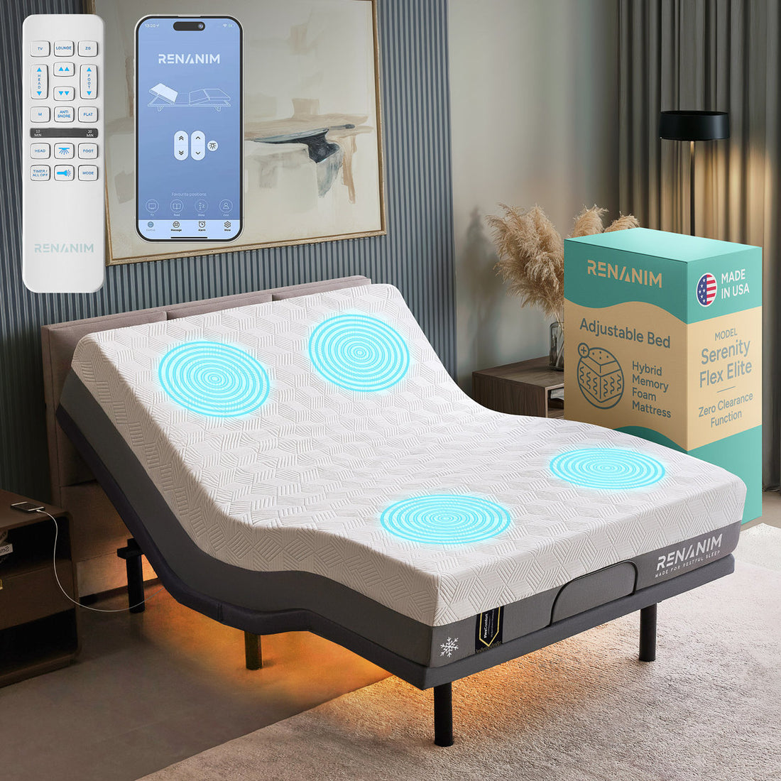 SF Elite Adjustable Bed With 12" Hybrid Mattress Included Massage, Usb, Underbed Light, Wireless Remote & App Control Zero Gravity Bed