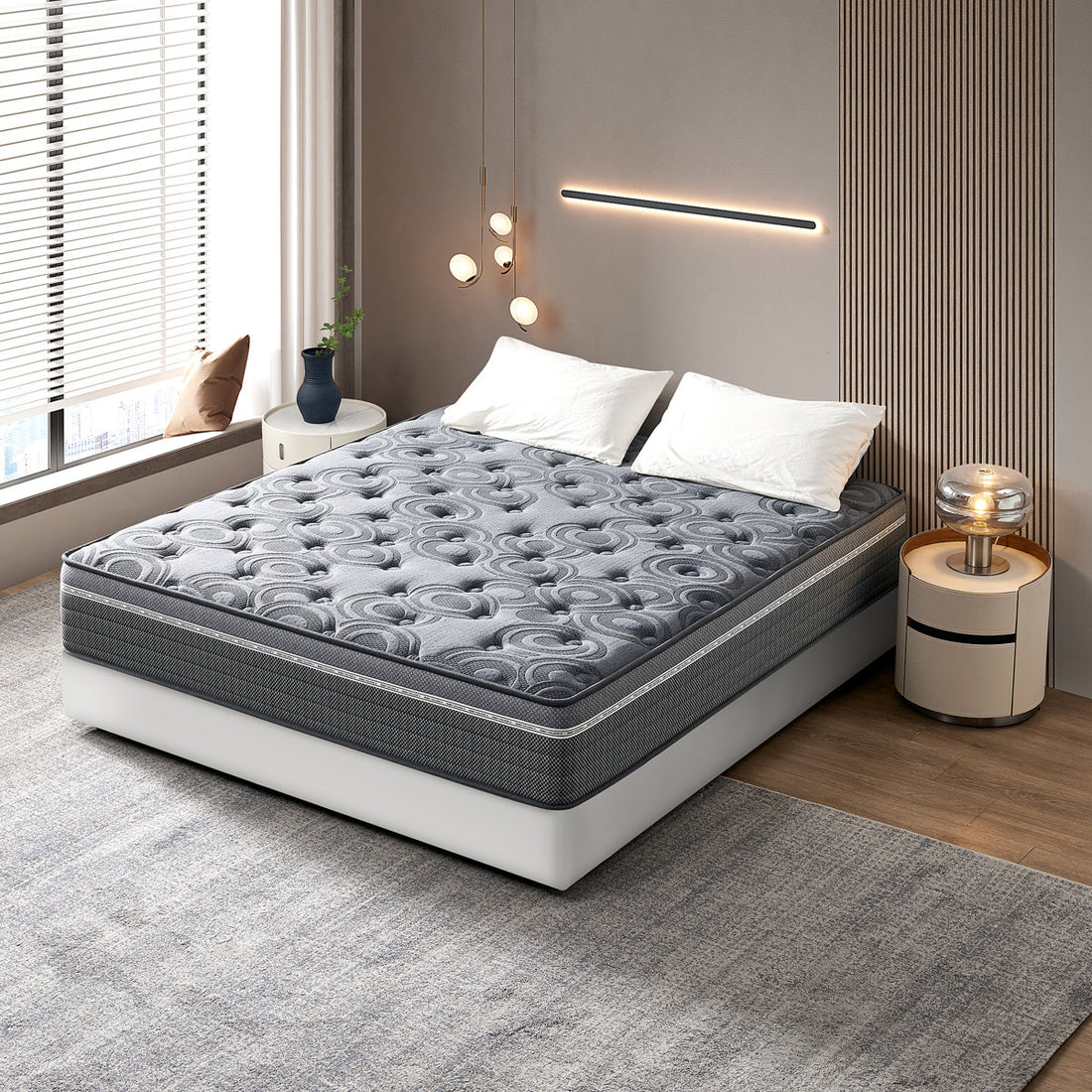Sinegal Luxury 12" Medium-Firm Hybrid Mattress - Gel Memory Foam, Individually Wrapped Coils, Chic Jacquard Cover with Button Tufting