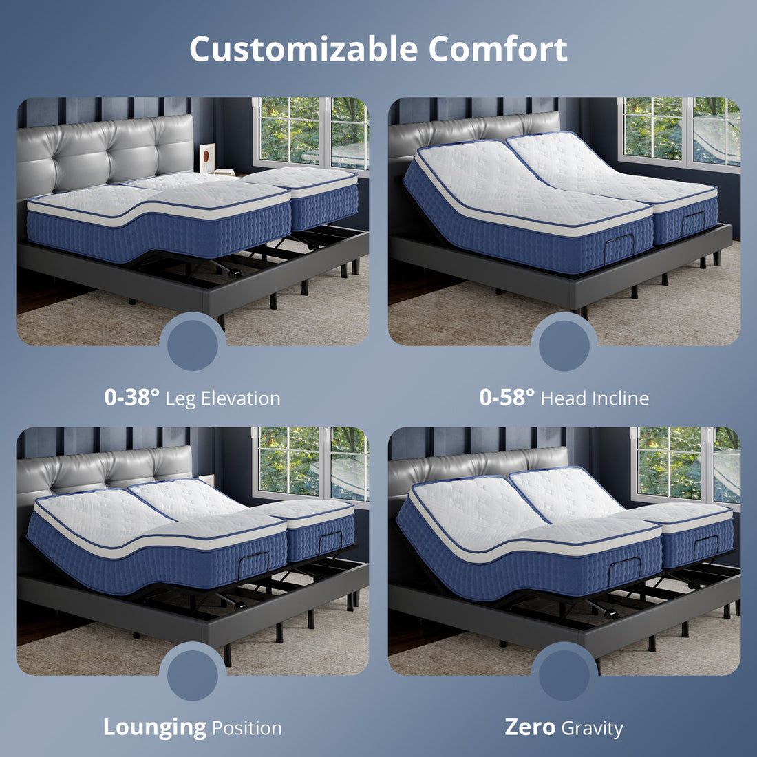Split King Adjustable Bed with 14” Dual Foam Hybrid Mattress, Zero Gravity, Massage, Wireless Remote, and Underbed Light