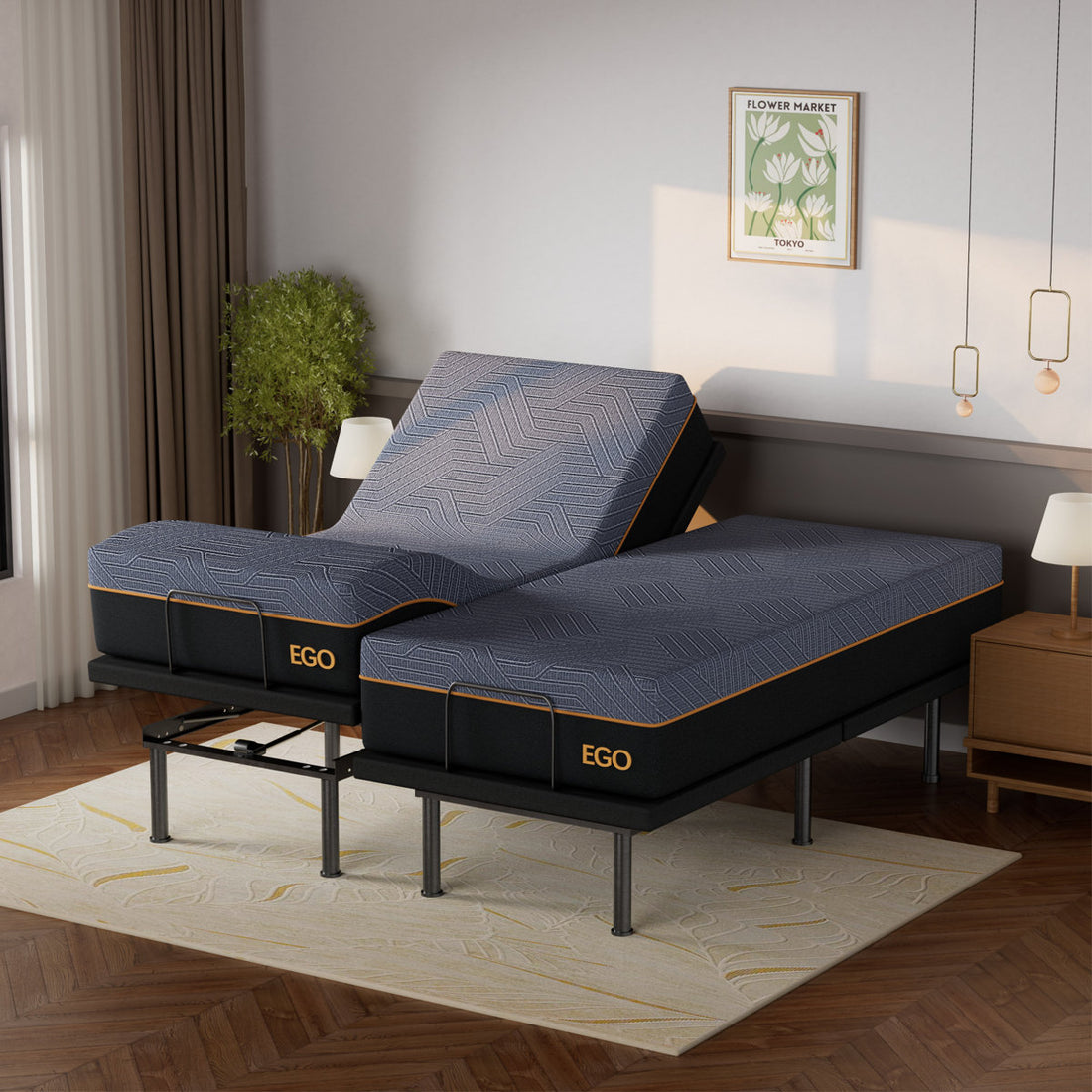 Split King Zero Gravity Adjustable Bed With 12" Medium Copper Infused Memory Foam Mattress, Wireless Remote