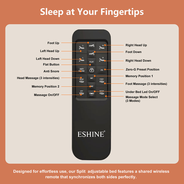 Split Top King Adjustable Bed Frame, Included Massage, USB & Type C Ports, Underbed Nightlight, Wireless Remote, Zero Gravity, E3000 Sunset Orange