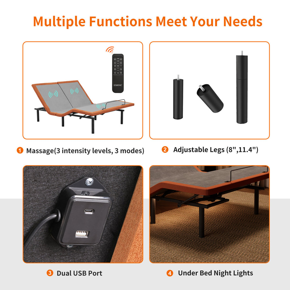 Split Top King Adjustable Bed Frame, Included Massage, USB & Type C Ports, Underbed Nightlight, Wireless Remote, Zero Gravity, E3000 Sunset Orange
