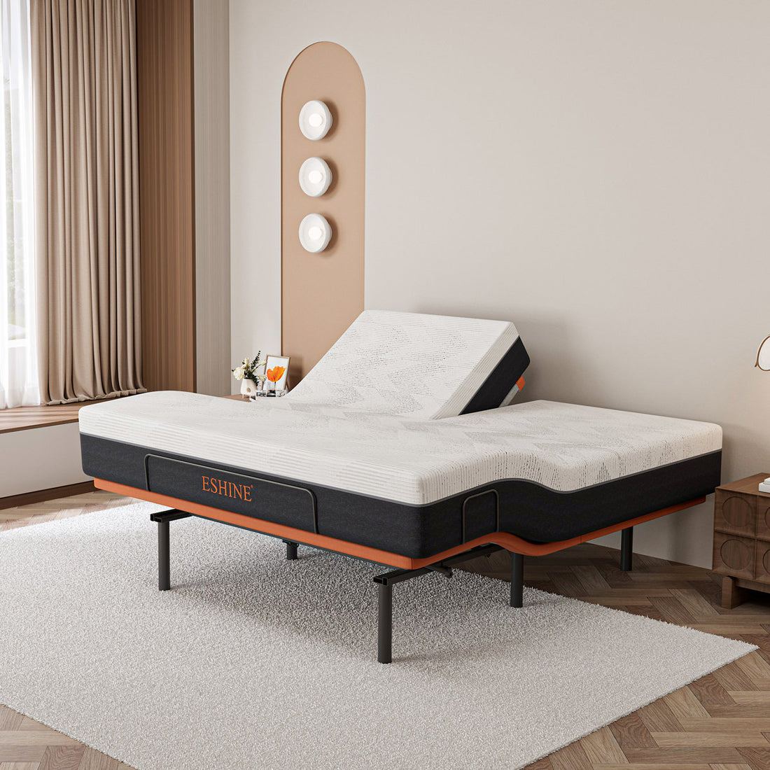 Split Top King Adjustable Bed Frame With 12'' Medium Plush Memory Foam Mattress, USB & Type C Ports, Massaging, Wireless Remote, E3000 Sunset Orange