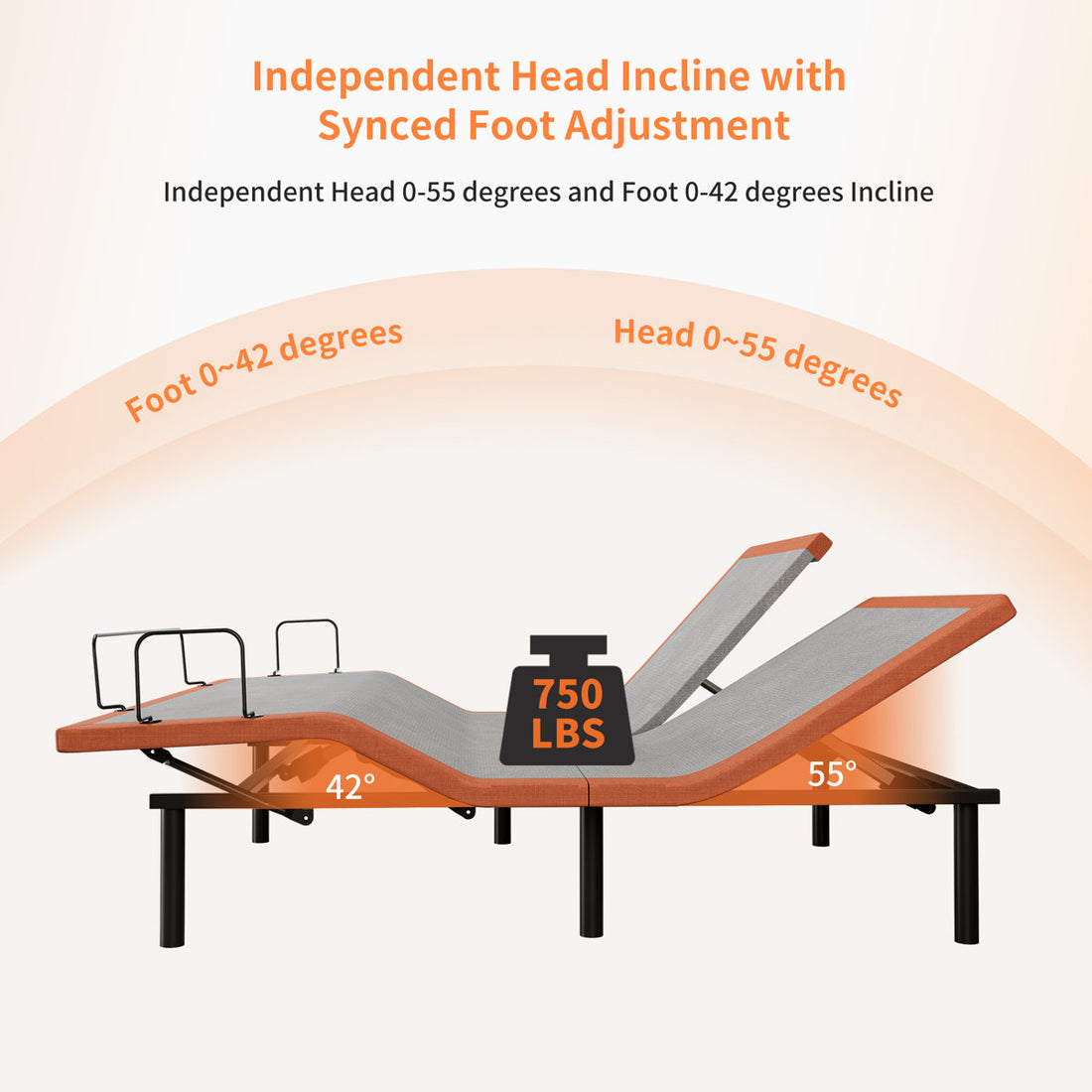 Split Top King Adjustable Bed Frame With 12'' Medium Plush Memory Foam Mattress, USB & Type C Ports, Massaging, Wireless Remote, E3000 Sunset Orange