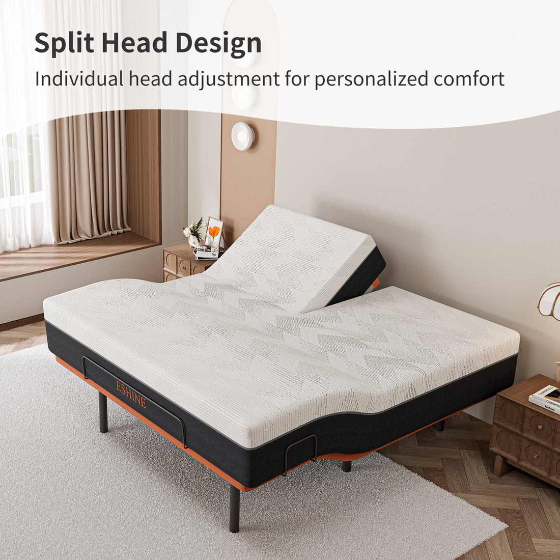 Split Top King Adjustable Bed Frame With 12'' Medium Plush Memory Foam Mattress, USB & Type C Ports, Massaging, Wireless Remote, E3000 Sunset Orange