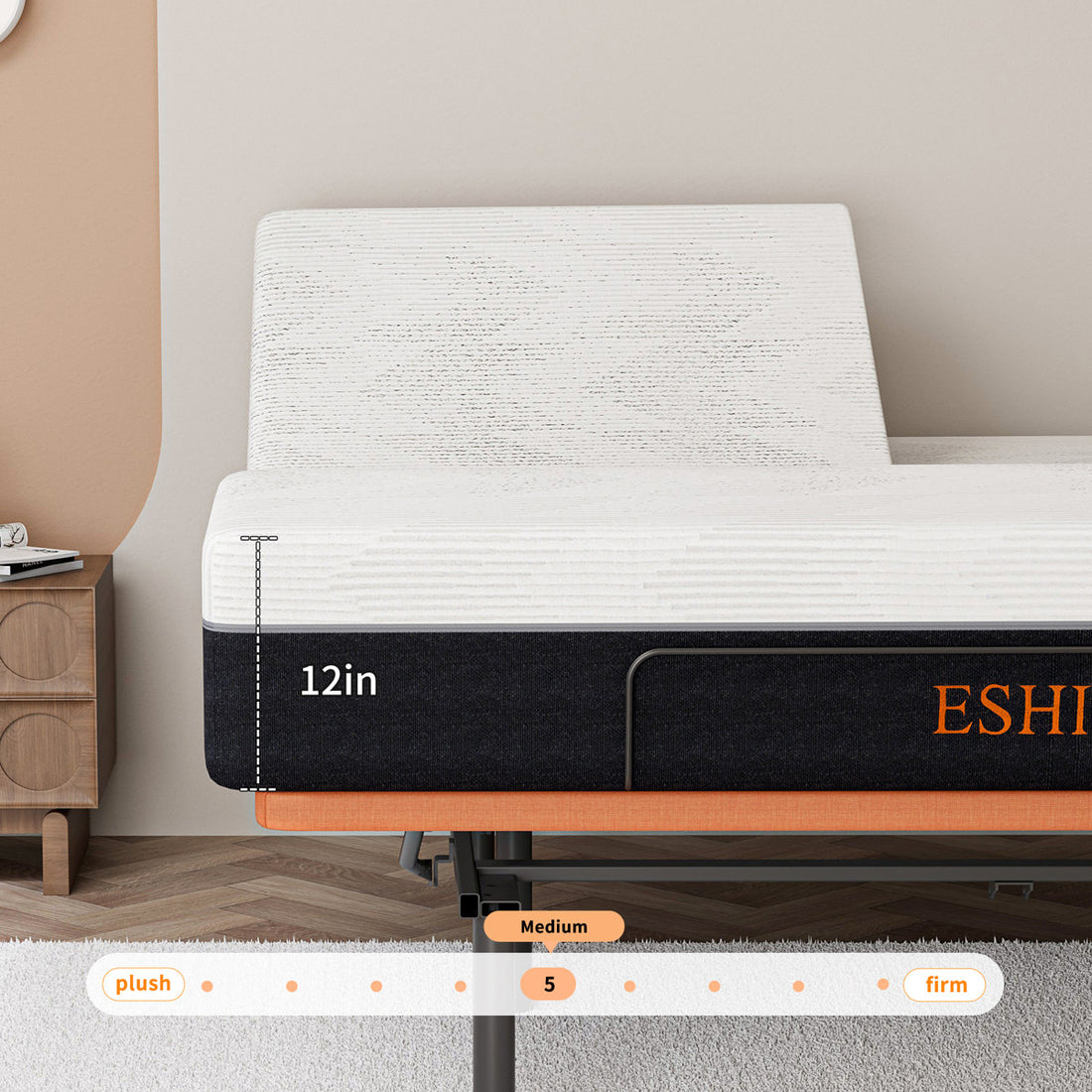 Split Top King Adjustable Bed Frame With 12'' Medium Plush Memory Foam Mattress, USB & Type C Ports, Massaging, Wireless Remote, E3000 Sunset Orange