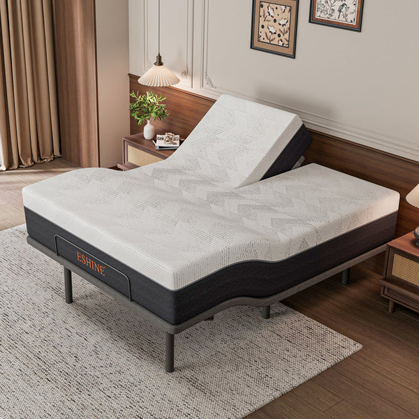 Split Top Queen Adjustable Bed Frame With 14'' Medium Plush Memory Foam Mattress, Wireless Remote & App Control, Massaging, Under Bed Light, E3100 Urban Grey