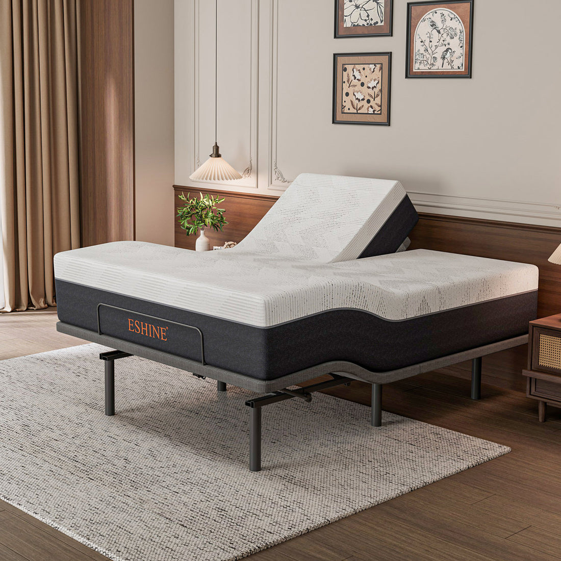 Split Top Queen Adjustable Bed Frame With 14'' Medium Plush Memory Foam Mattress, Wireless Remote & App Control, Massaging, Under Bed Light, E3100 Urban Grey