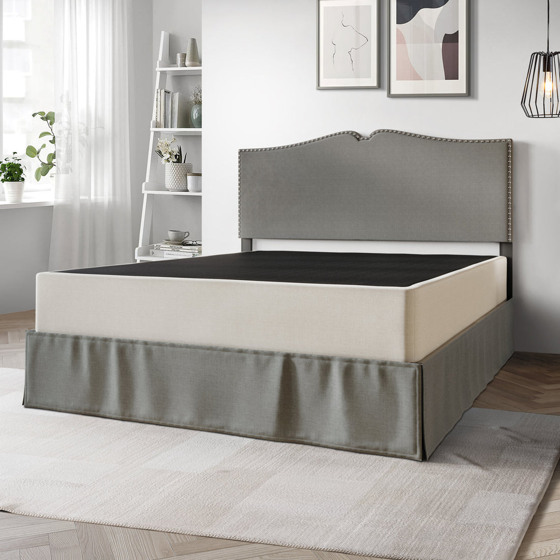 Tawnya 8'' Wood Box Spring with Warm Grey Linen Cover