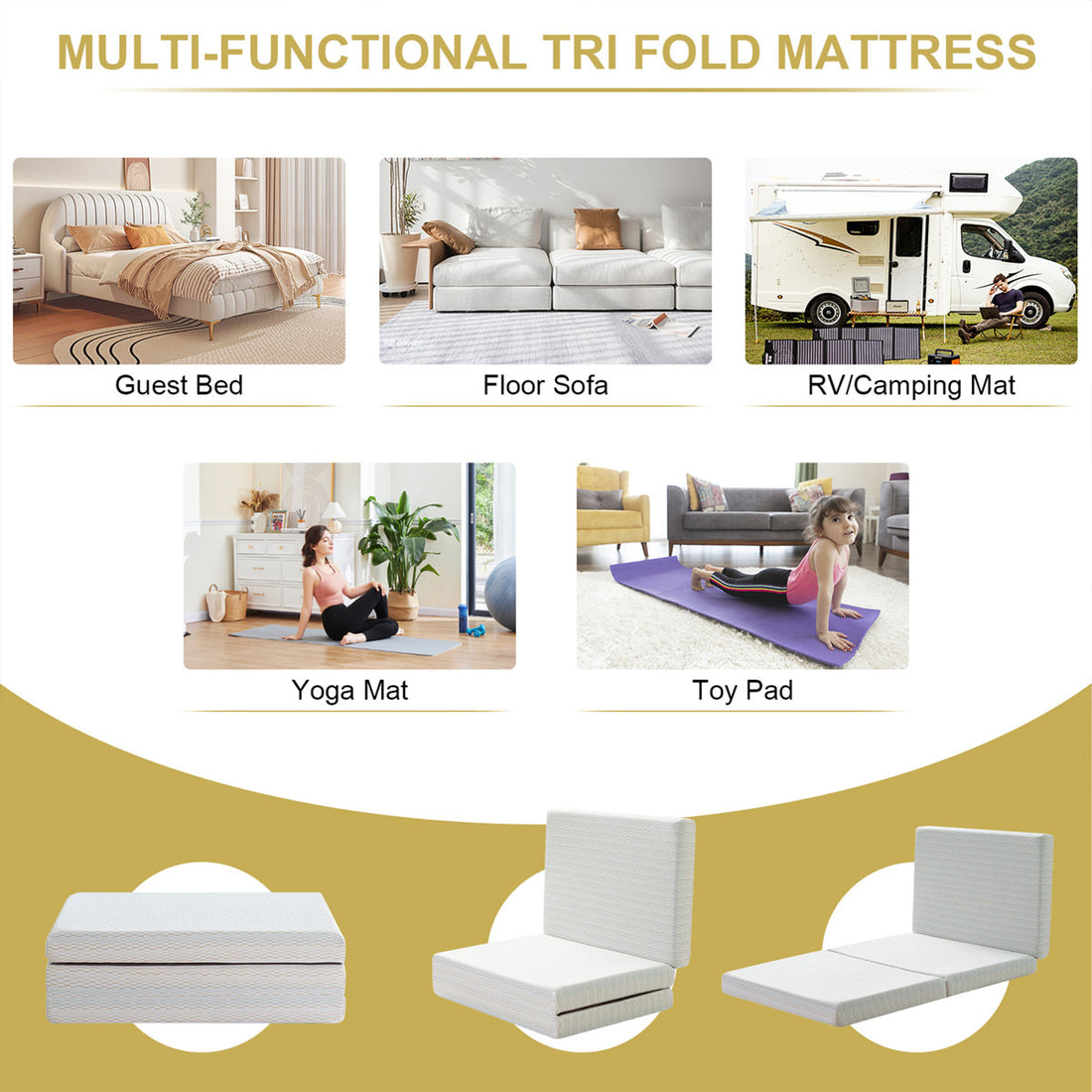 Tri-Fold 6'' Memory Foam Mattress, Portable Folding Murphy Bed Mattress With Washable Cover