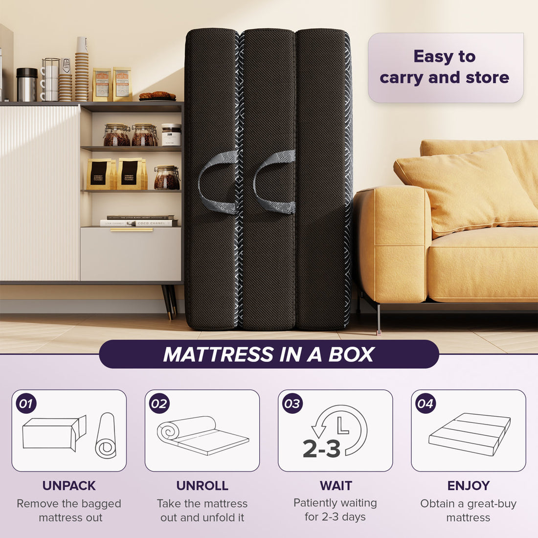 Tri-fold 6'' Memory Foam Mattress, Portable Folding Mattress with Washable Cover For Murphy Bed