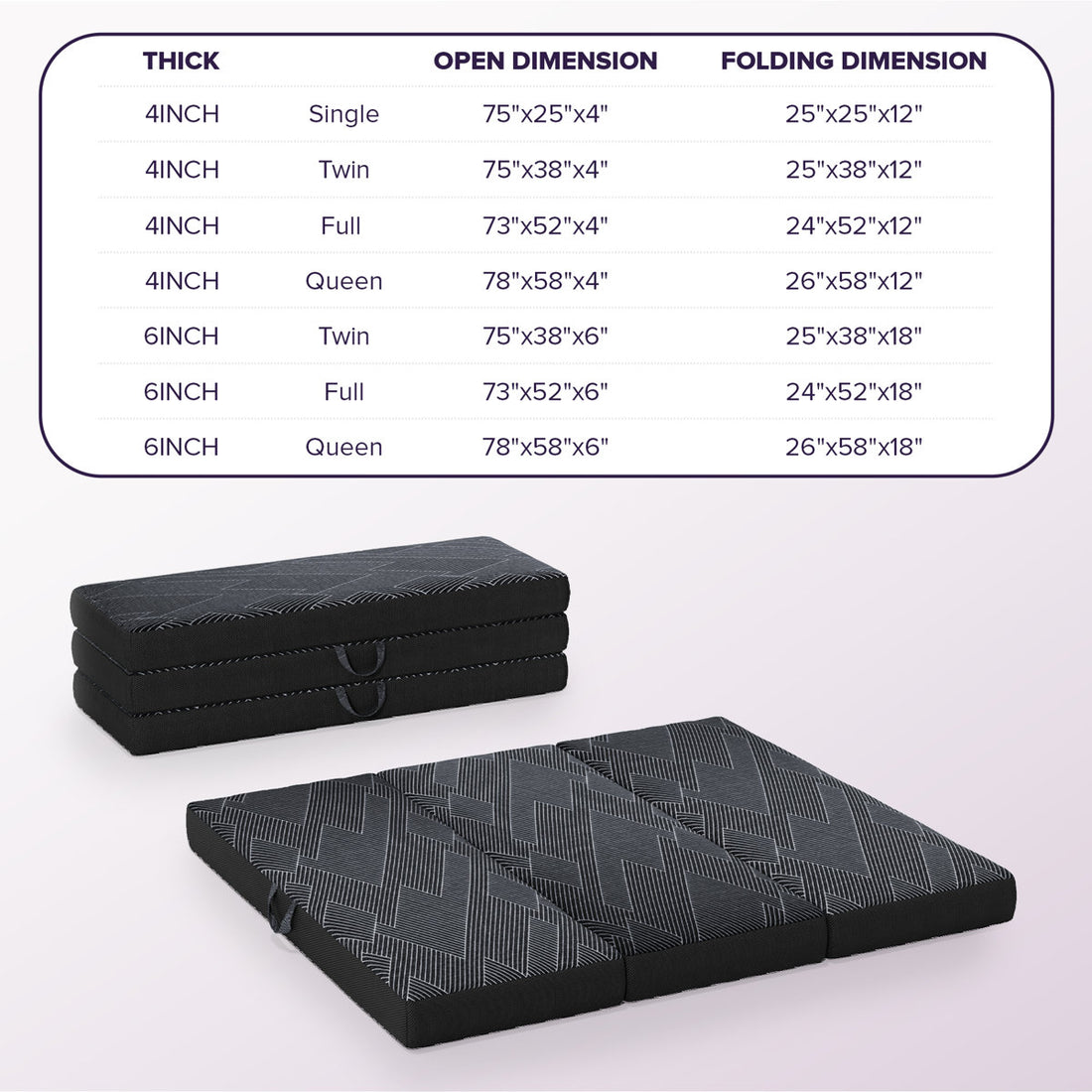 Tri-fold 6'' Memory Foam Mattress, Portable Folding Mattress with Washable Cover For Murphy Bed