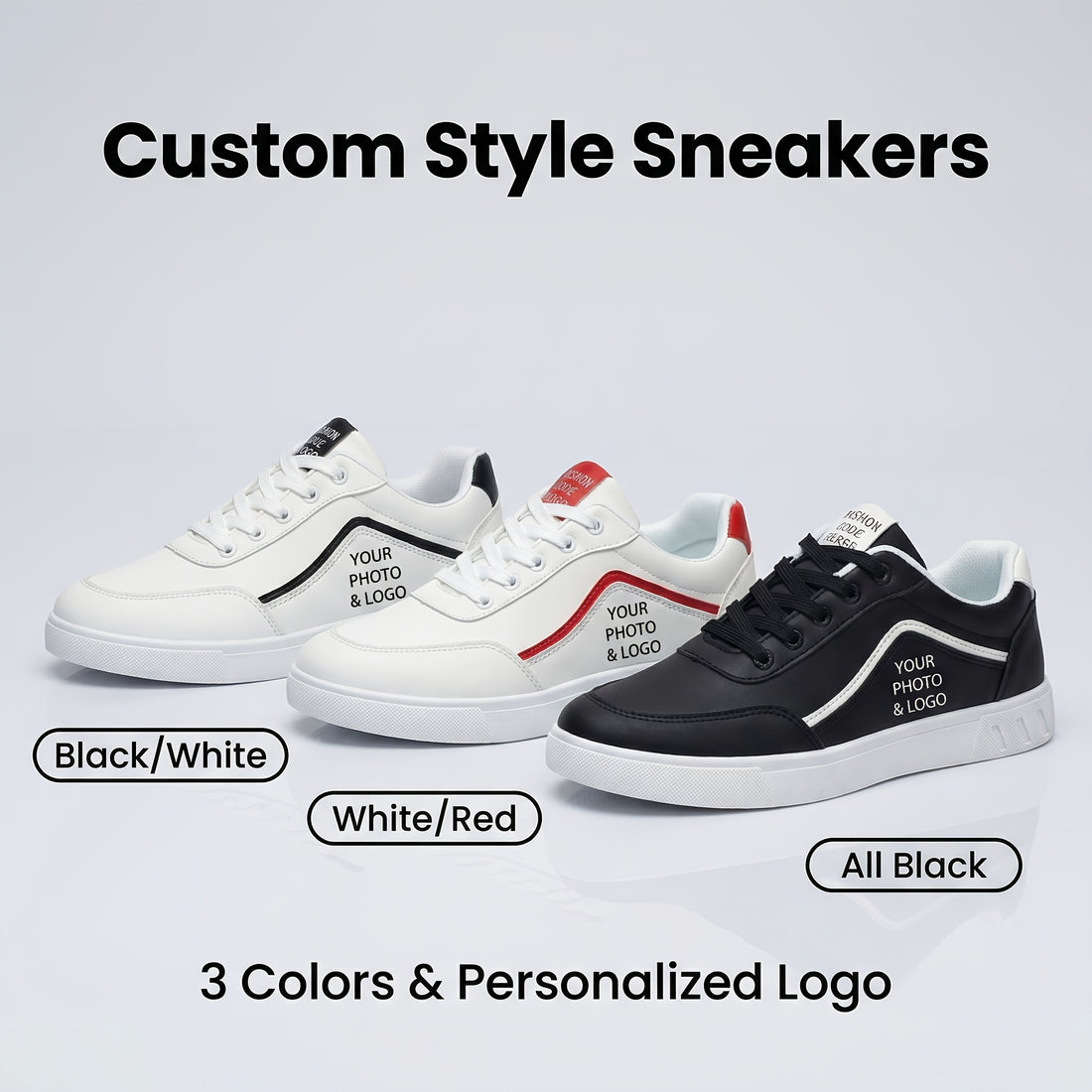 sneakers custom photo image text name black white low top