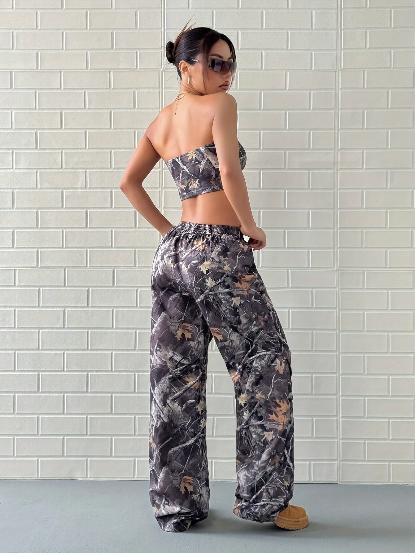 2pcs womens vintage   print crop top casual pants set