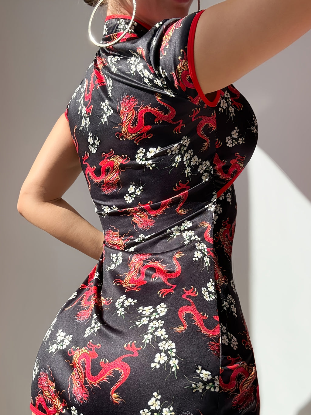 womens dragon floral print mini qipao dress short sleeve