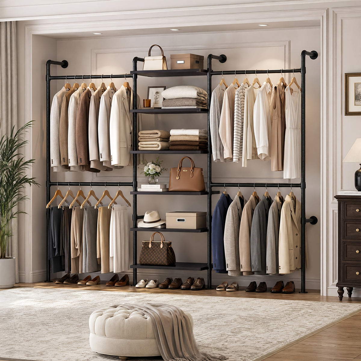 wall-mounted bedroom wardrobe, retro industrial style duct clothing rack with 6 wooden shelves and 4  . bedroom furniture wardrobe storage - furniture
