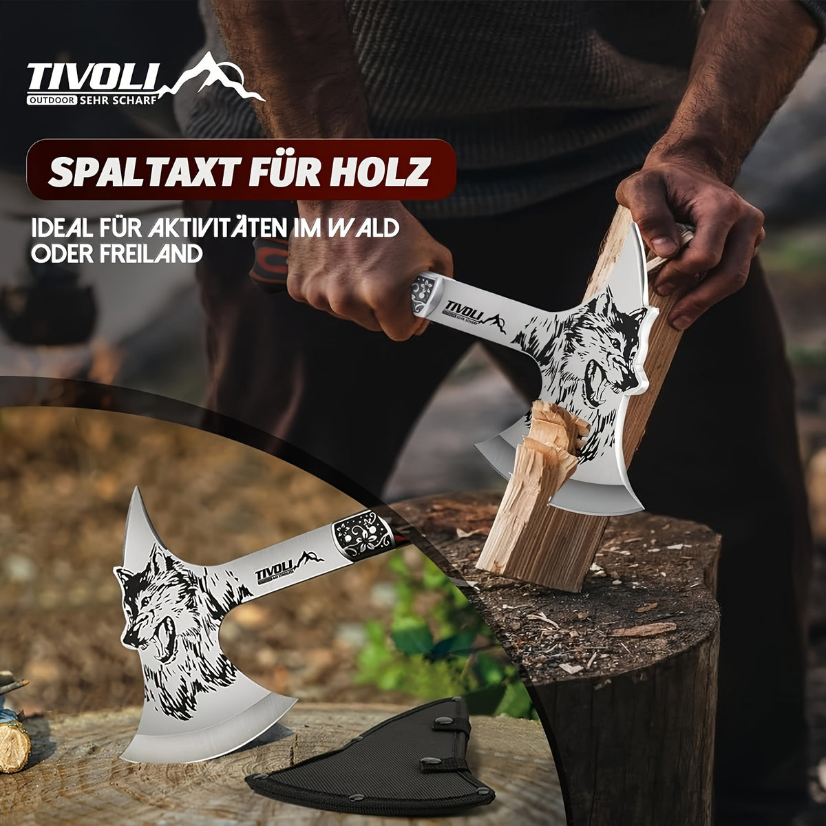 13 inch camping axe wolf pattern survival short handle nylon