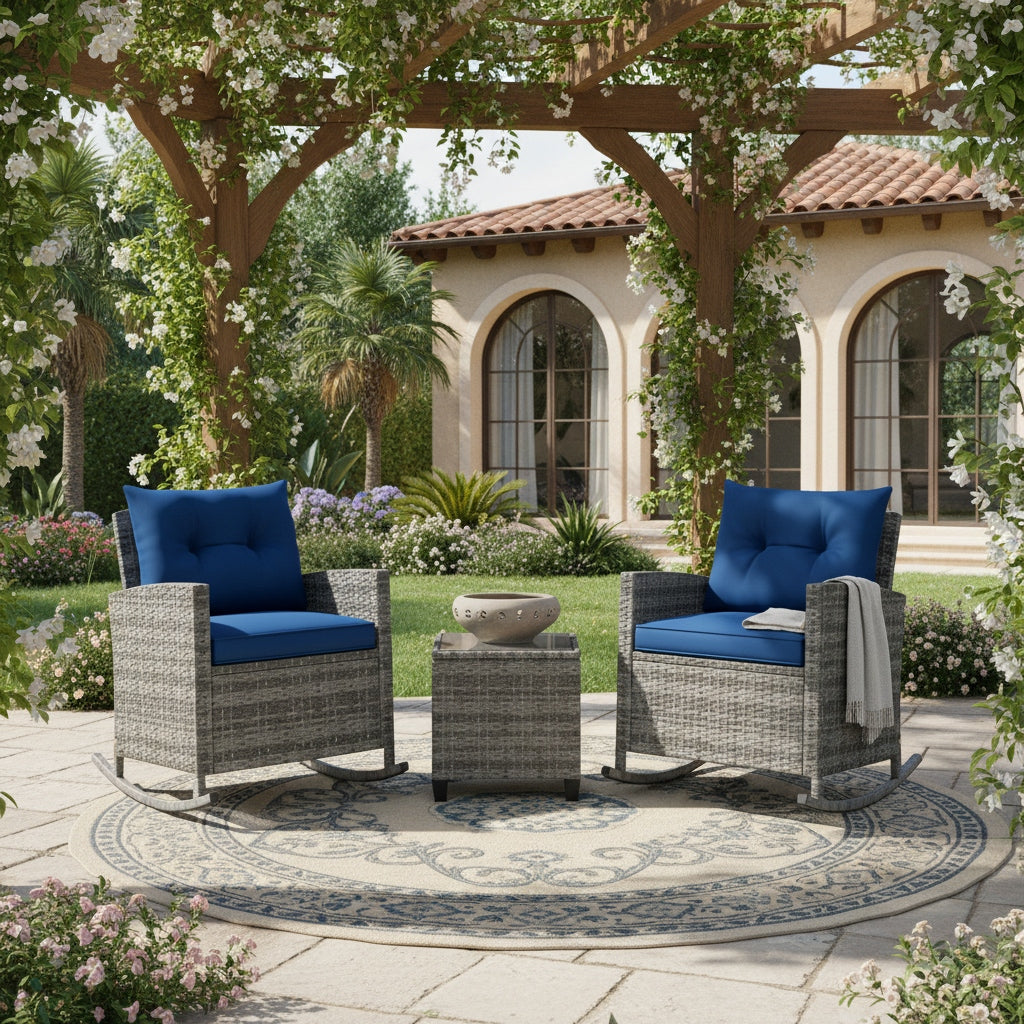 3pcs outdoor rocking chair set rattan wicker patio
