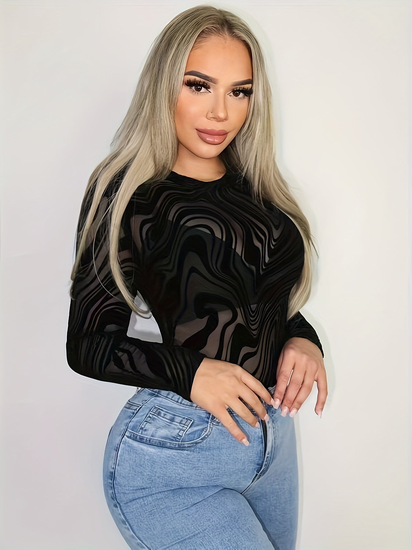 elegant textured flocking long sleeve bodysuit marble