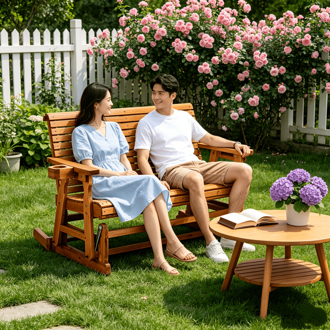 outdoor glider bench wood patio glider cup holders porch