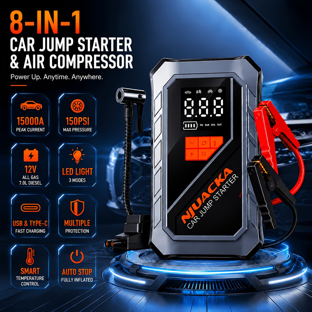 15000a 8 in 1 portable car jump starter air compressor 150