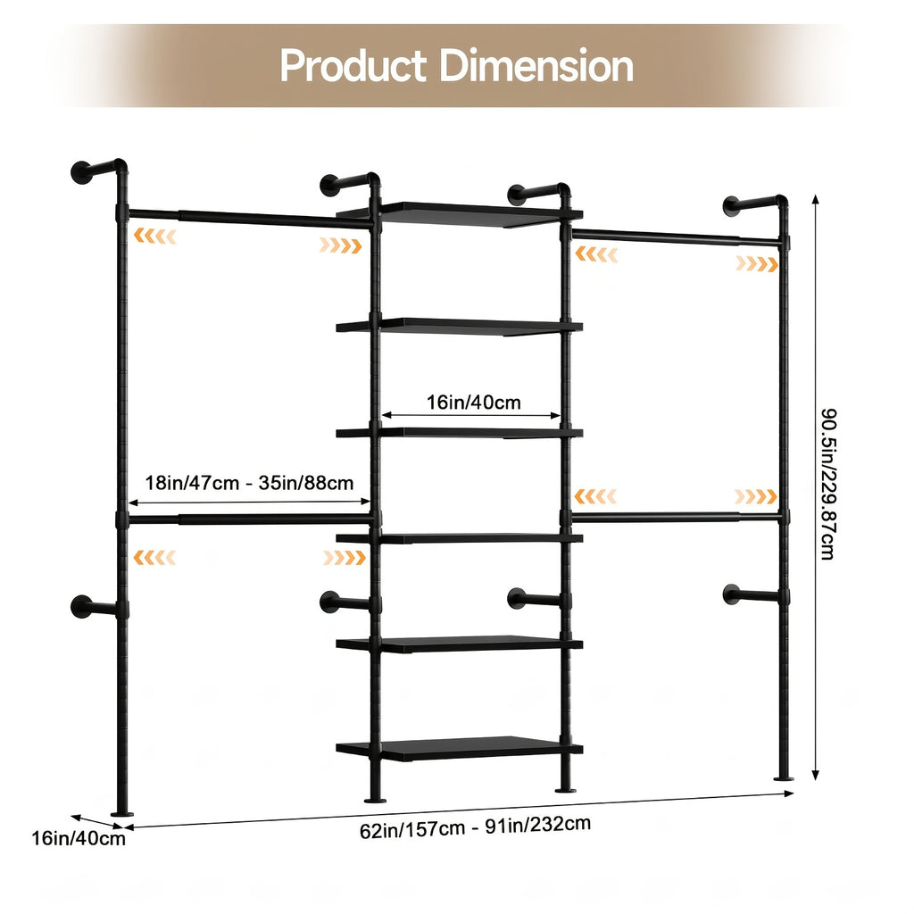 wall-mounted bedroom wardrobe, retro industrial style duct clothing rack with 6 wooden shelves and 4  . bedroom furniture wardrobe storage - furniture