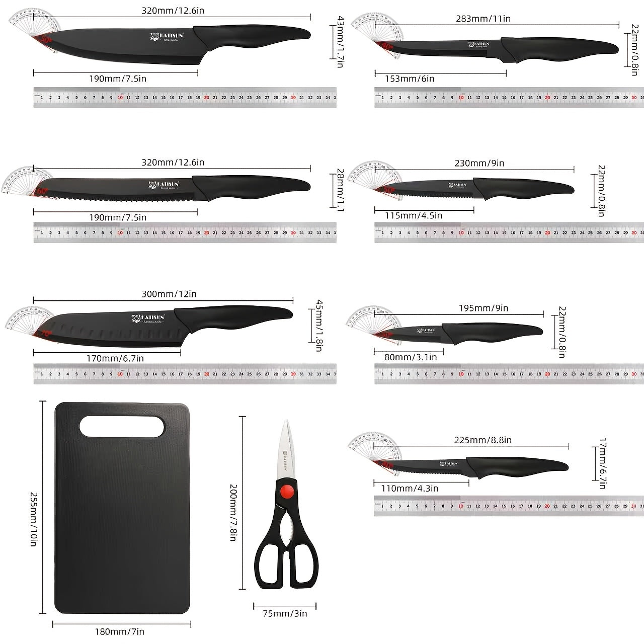 15pcs professional black coded kitchen knife set black
