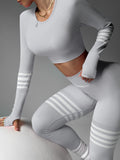 color block striped design long sleeve short top high waist