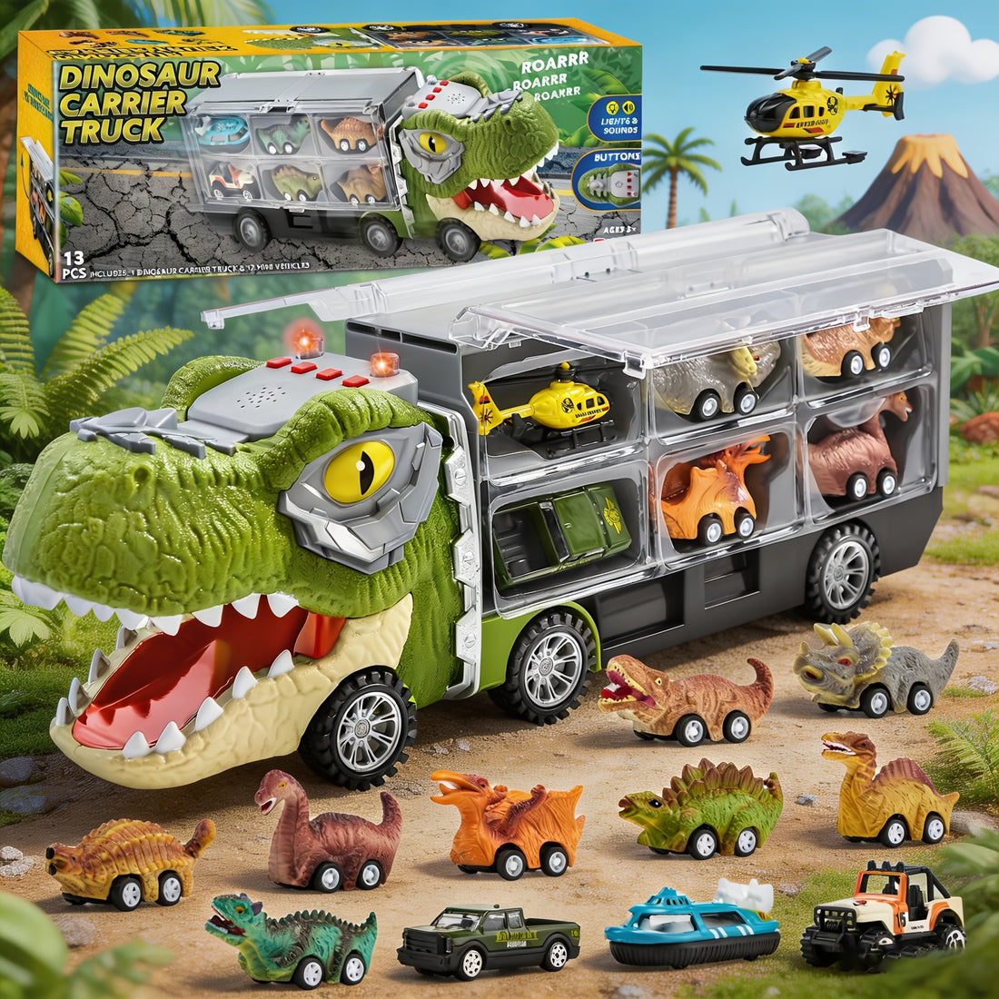 13 packs   dinosaur truck toys kids transport